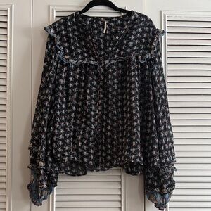 Free People Black Floral Ruffle Blouse